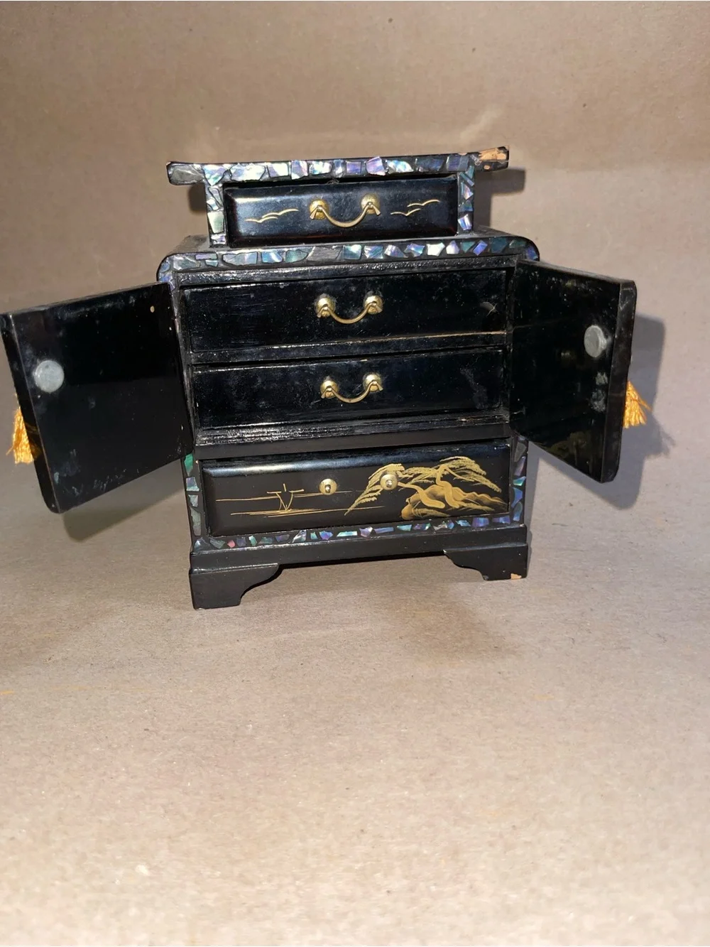 Japanese Black Lacquer Miniature Chest Tansu Jewelry Box Fuji